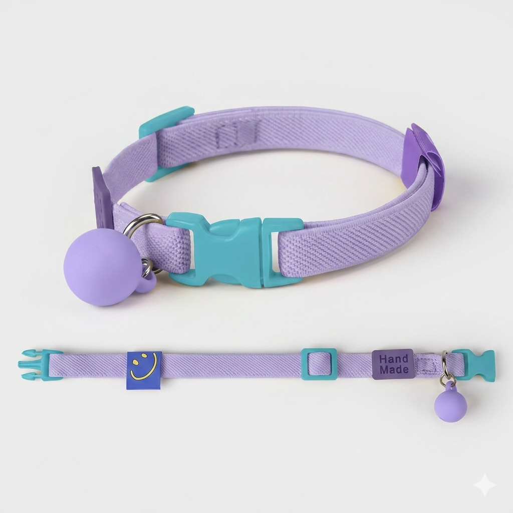 Collar elástico para gato morado con cascabel y hebilla menta Petelier