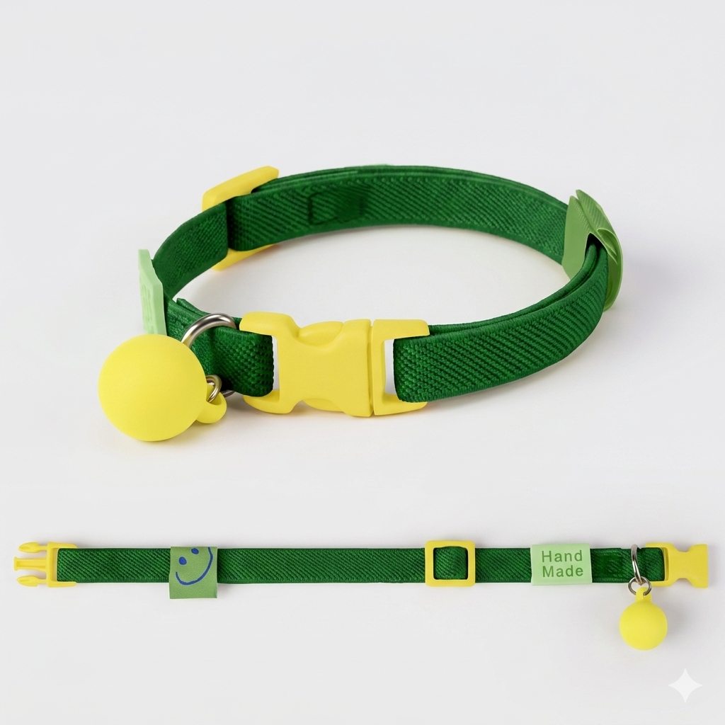 Collar para gato verde con cascabel amarillo y hebilla de seguridad Petelier
