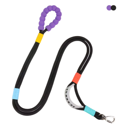 Correa para perro negra con doble mango morado acolchonado Petelier